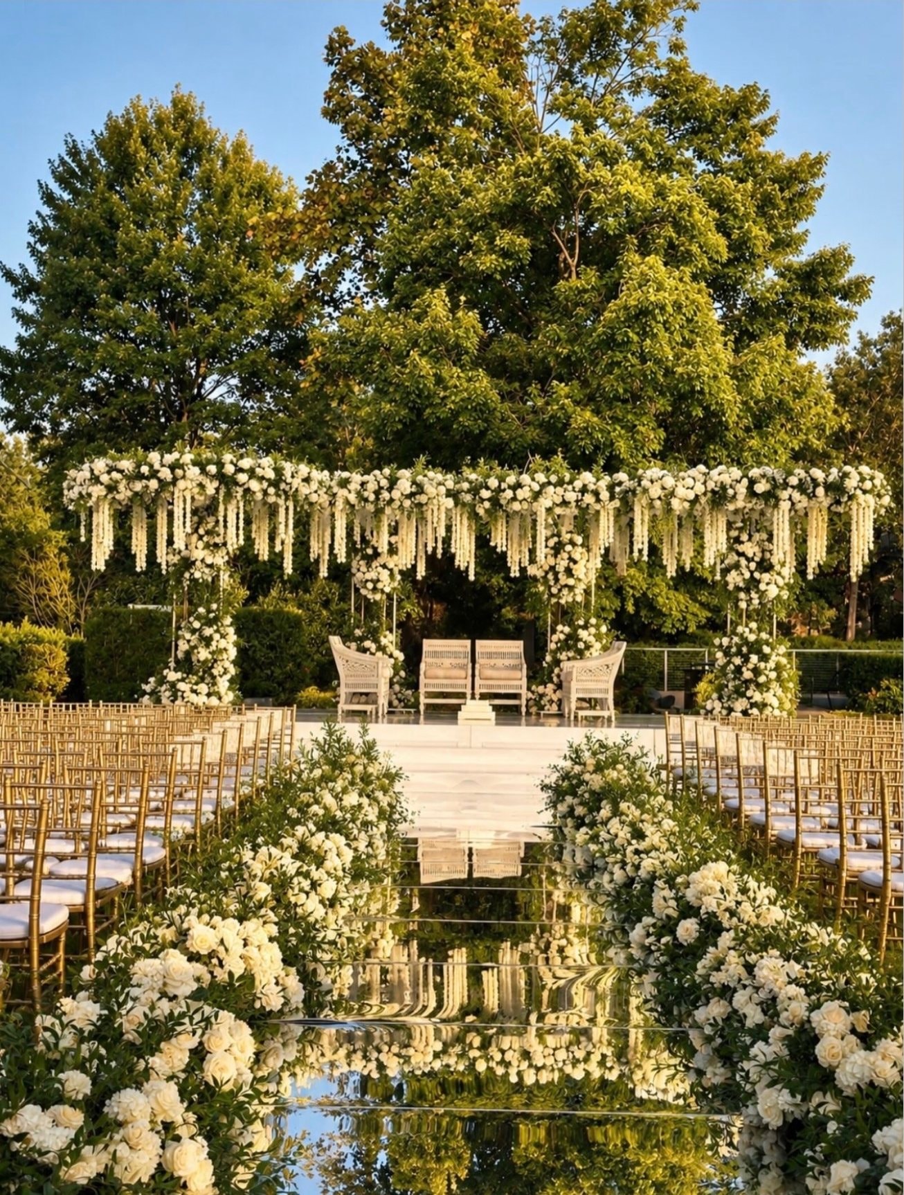 An outdoor ceremony setting with a white floral arch, rows of gold chairs and a mirrored aisle lined with white roses, under tall trees and a clear blue sky.